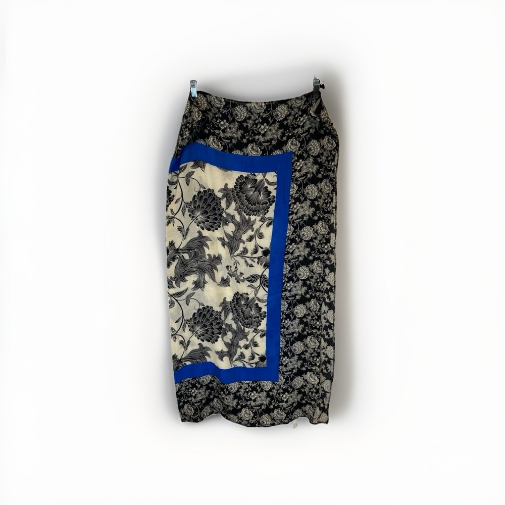 J Crew Scarf Women OS Blue Black White Floral Wool Viscose Blend Large Square